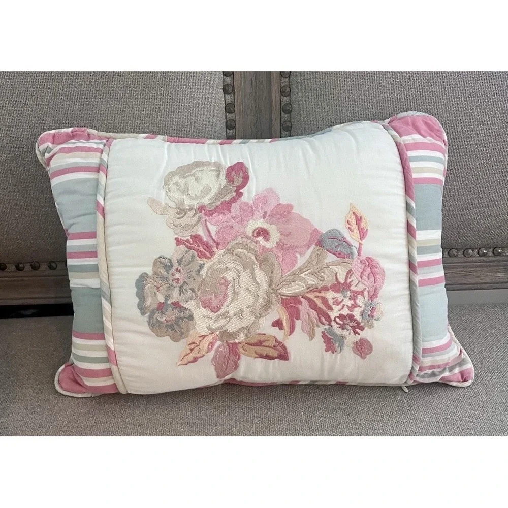 Waverly Spring Bling Farmhouse Floral Embroidered  Pillow Cover Accent Stripe